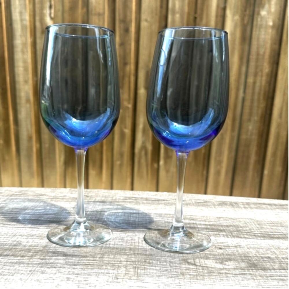 Stunning Vintage Blue Bowl Clear Stem and Base Wine Glasses-Set of 2